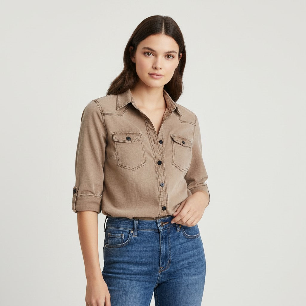 Women's Slim Fit Button-Up Utility Shirt-Vyana Collective