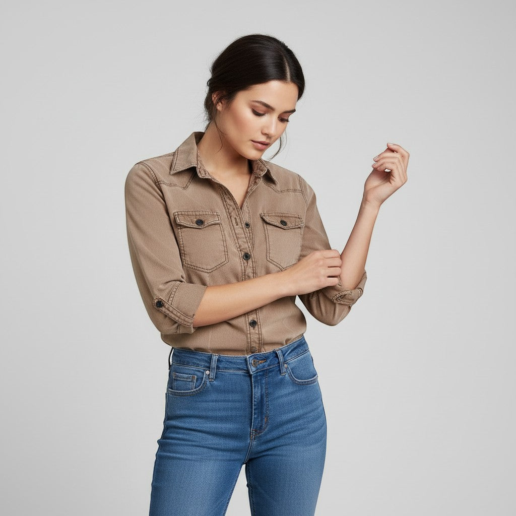 Women's Slim Fit Button-Up Utility Shirt-Vyana Collective