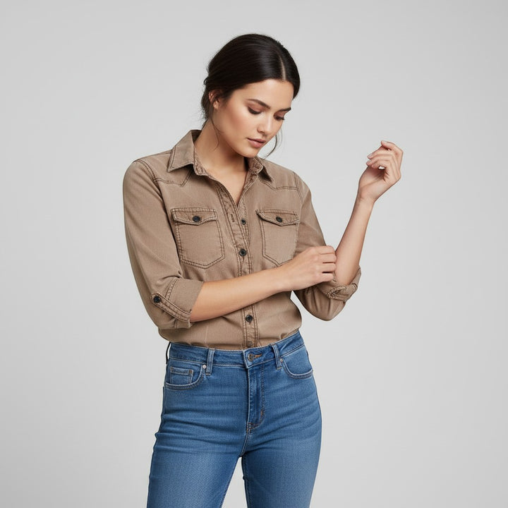 Women's Slim Fit Button-Up Utility Shirt-Vyana Collective