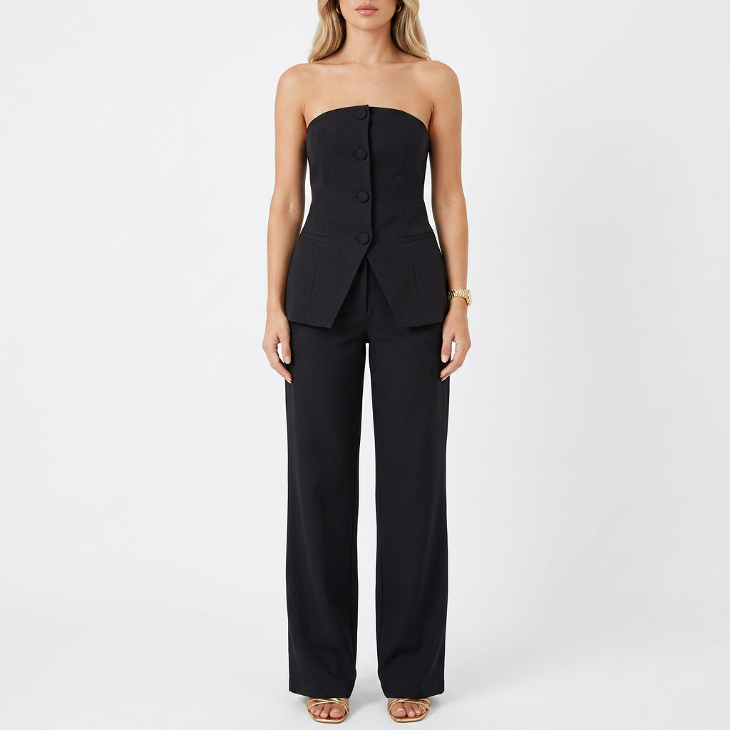 Women’s Strapless Tube Top and Wide Leg Pants Two Piece Set-Vyana Collective
