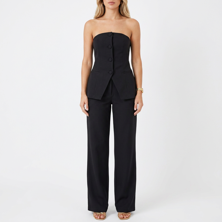 Women’s Strapless Tube Top and Wide Leg Pants Two Piece Set-Vyana Collective