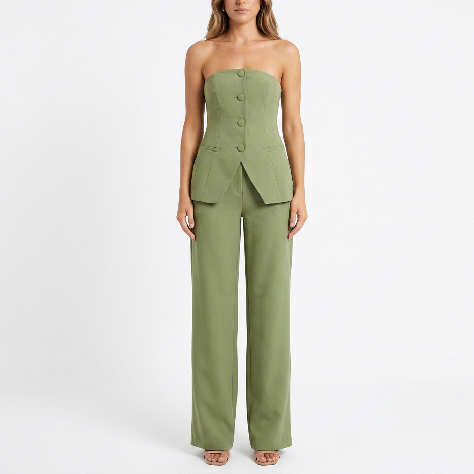 Women’s Strapless Tube Top and Wide Leg Pants Two Piece Set-Vyana Collective