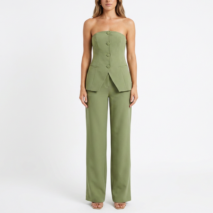 Women’s Strapless Tube Top and Wide Leg Pants Two Piece Set-Vyana Collective