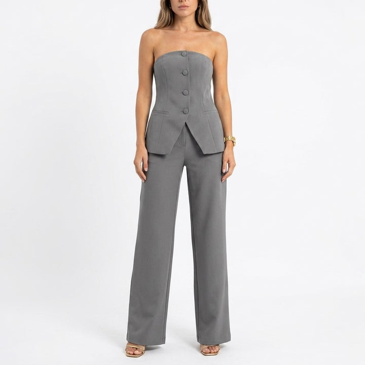 Women’s Strapless Tube Top and Wide Leg Pants Two Piece Set-Vyana Collective