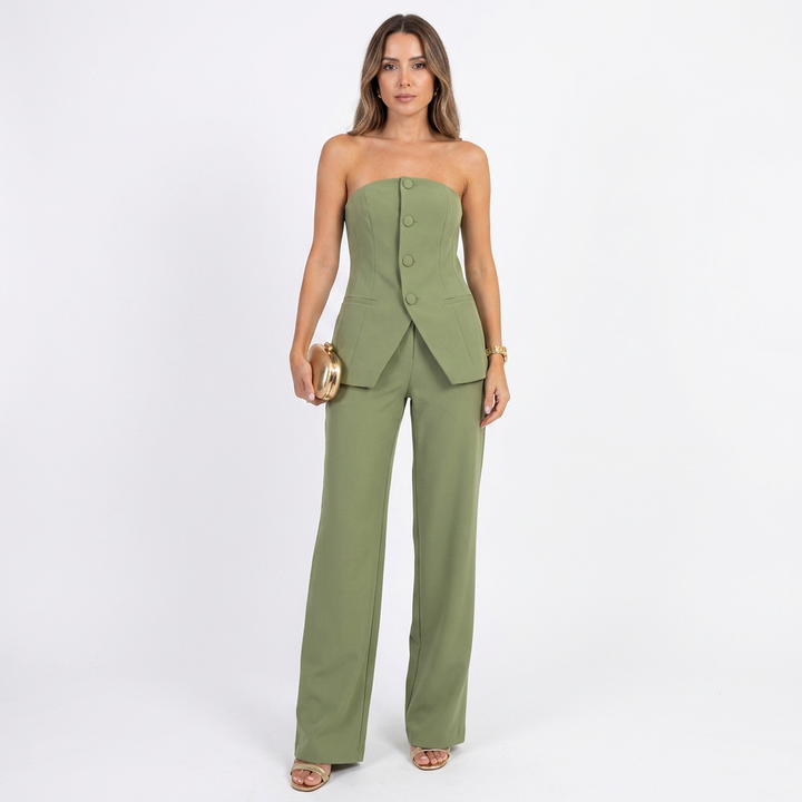 Women’s Strapless Tube Top and Wide Leg Pants Two Piece Set-Vyana Collective