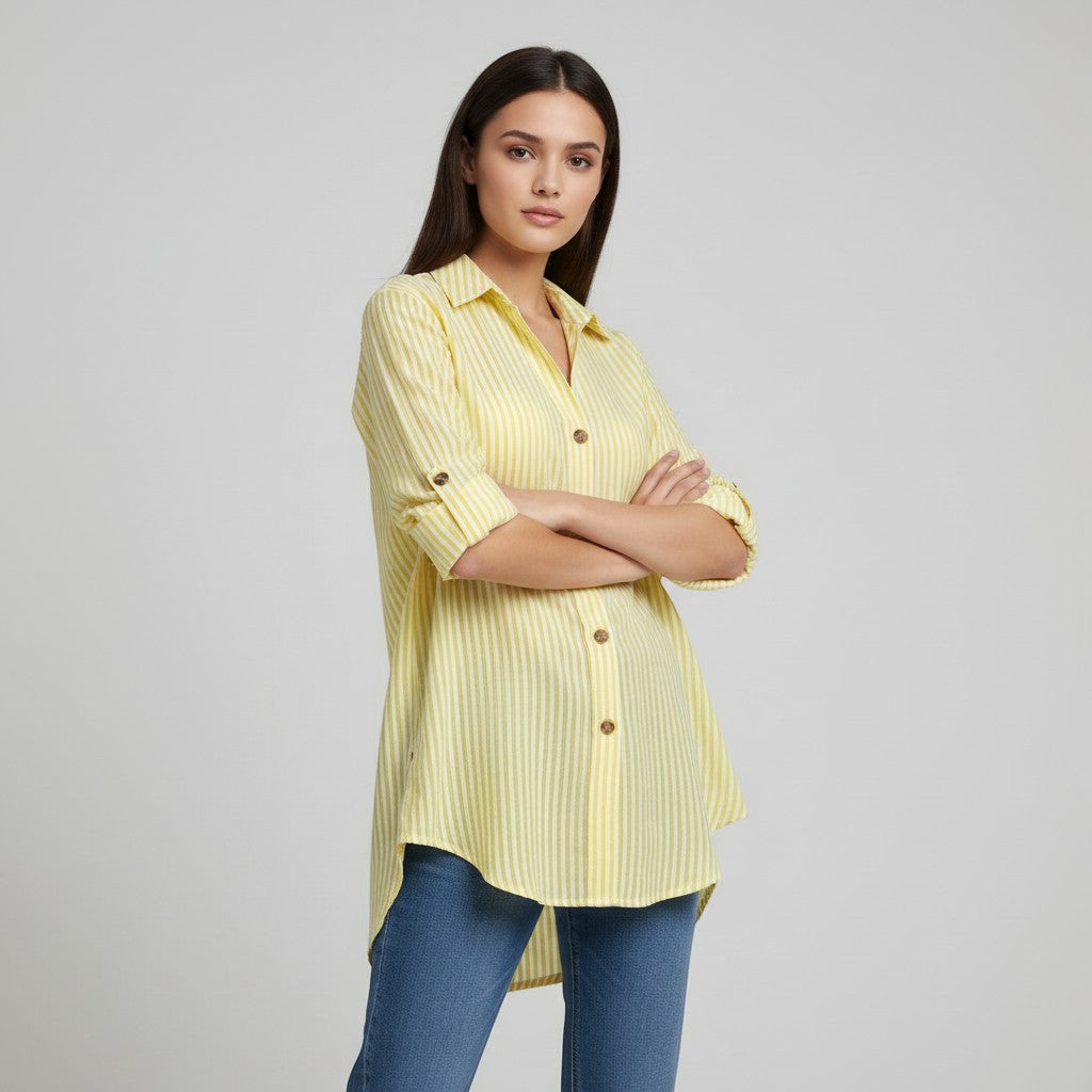 Women's Striped Button-Up Loose Shirt-Vyana Collective