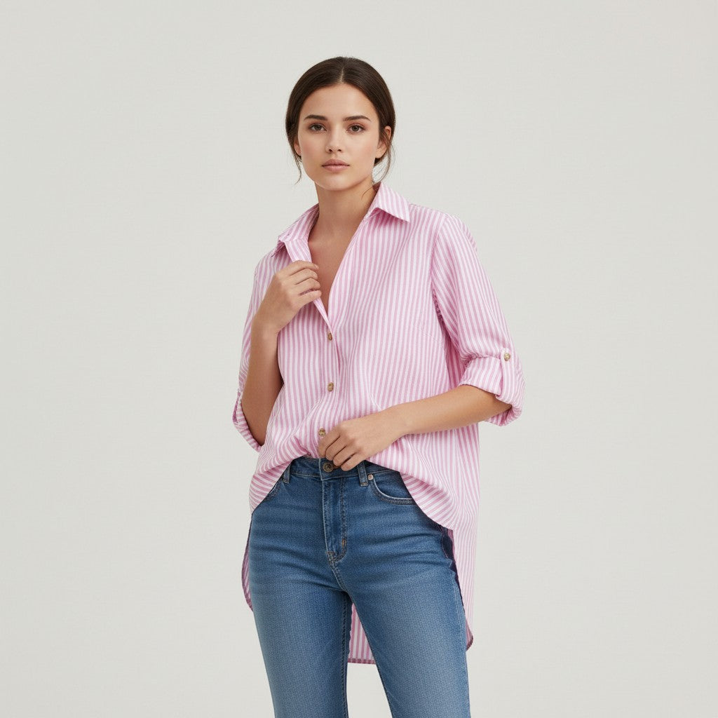 Women's Striped Button-Up Loose Shirt-Vyana Collective