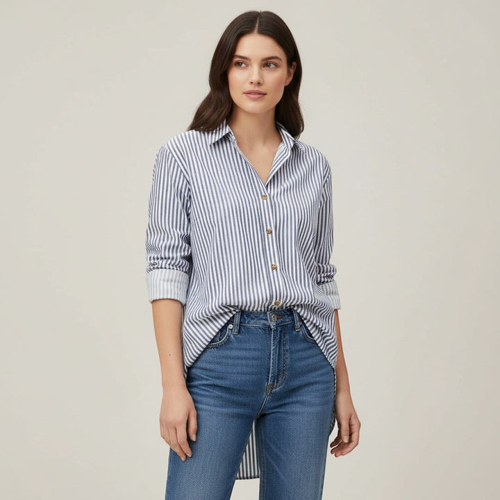 Women's Striped Button-Up Loose Shirt-Vyana Collective