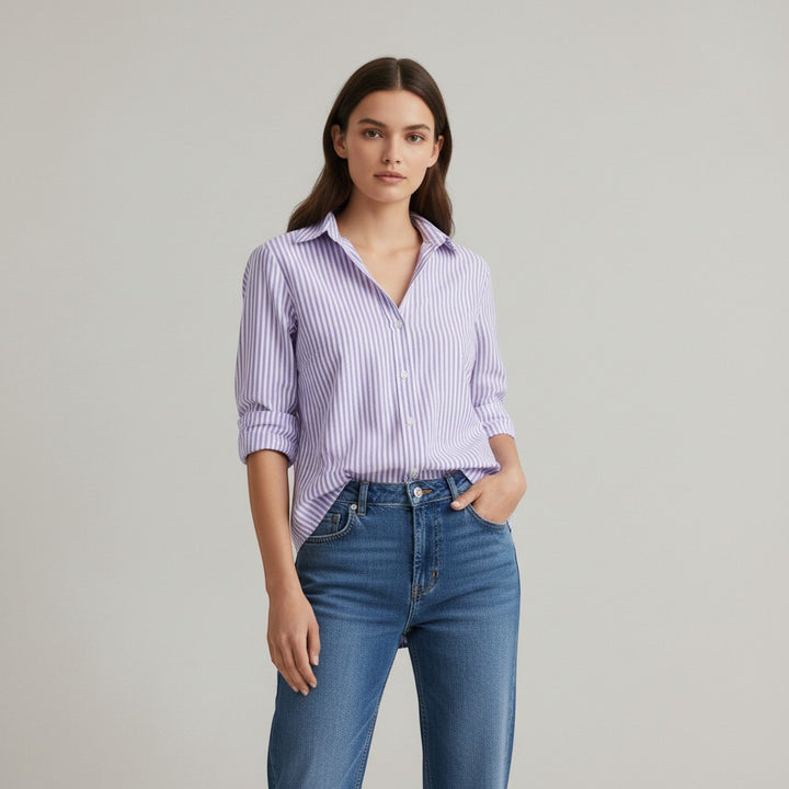 Women's Striped Button-Up Loose Shirt-Vyana Collective