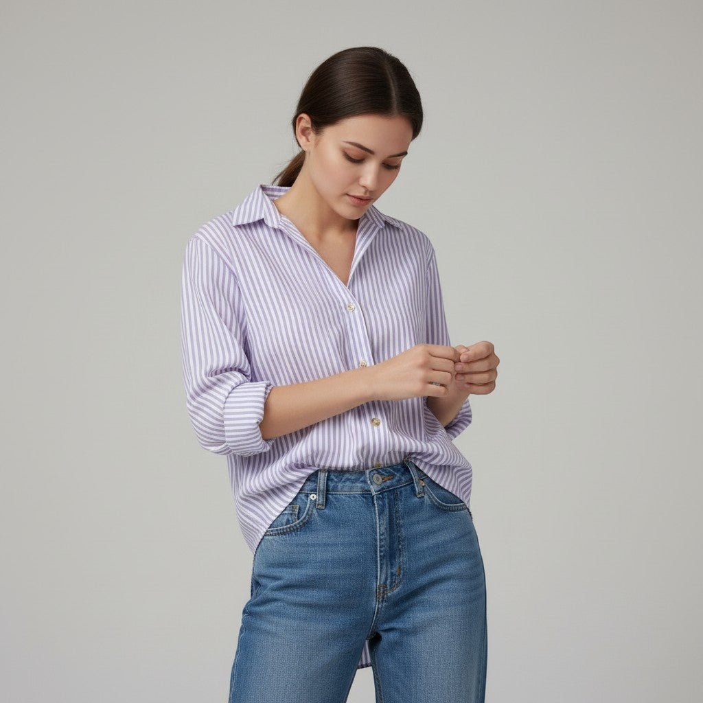 Women's Striped Button-Up Loose Shirt-Vyana Collective