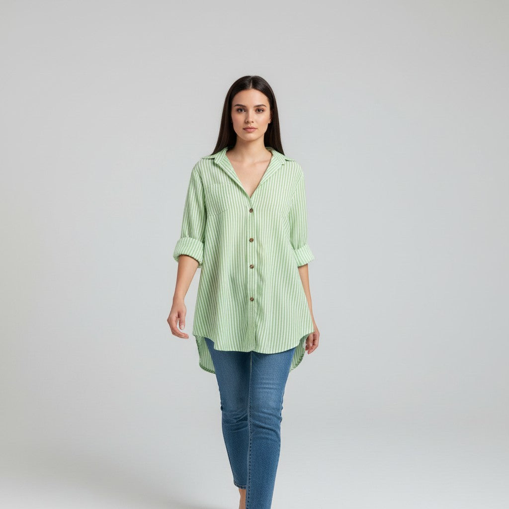 Women's Striped Button-Up Loose Shirt-Vyana Collective