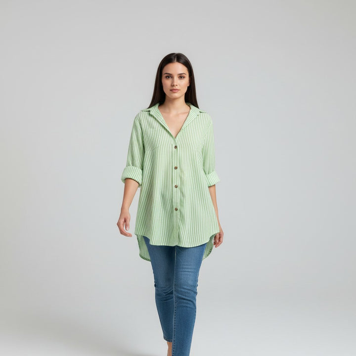 Women's Striped Button-Up Loose Shirt-Vyana Collective