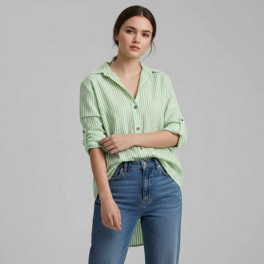 Women's Striped Button-Up Loose Shirt-Vyana Collective