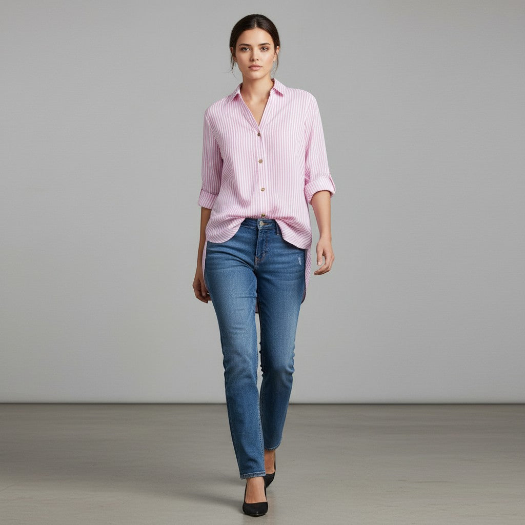 Women's Striped Button-Up Loose Shirt-Vyana Collective