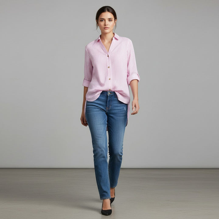 Women's Striped Button-Up Loose Shirt-Vyana Collective
