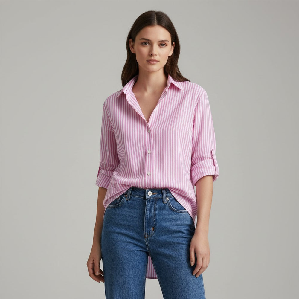 Women's Striped Button-Up Loose Shirt-Vyana Collective