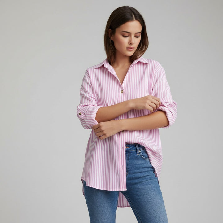 Women's Striped Button-Up Loose Shirt-Vyana Collective