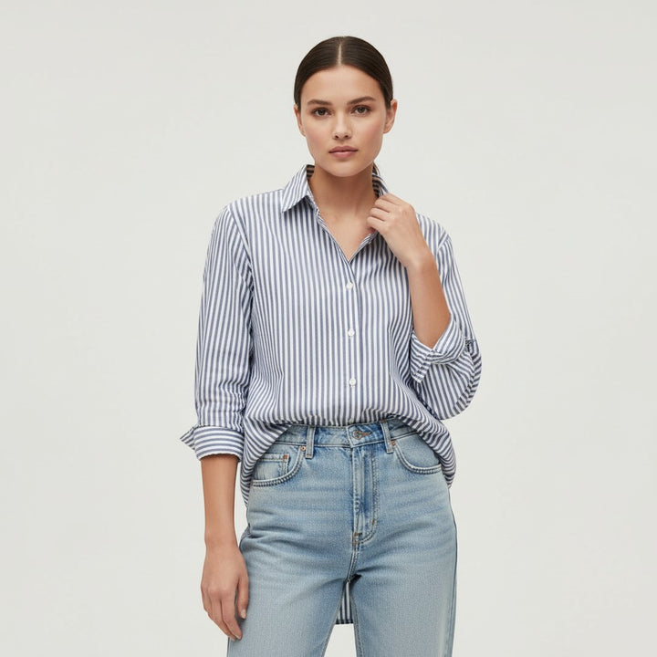 Women's Striped Button-Up Loose Shirt-Vyana Collective