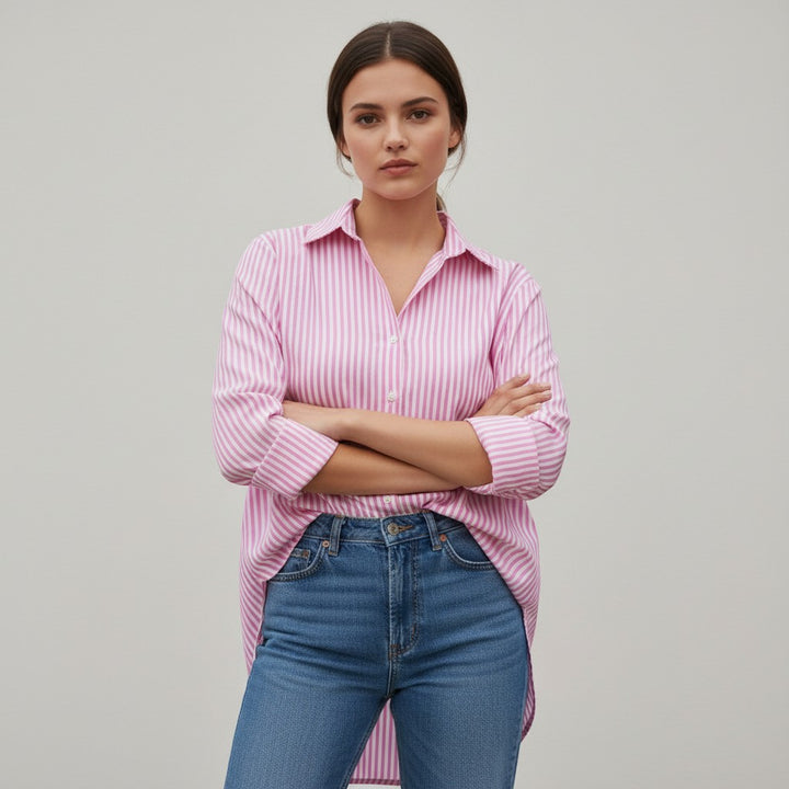 Women's Striped Button-Up Loose Shirt-Vyana Collective