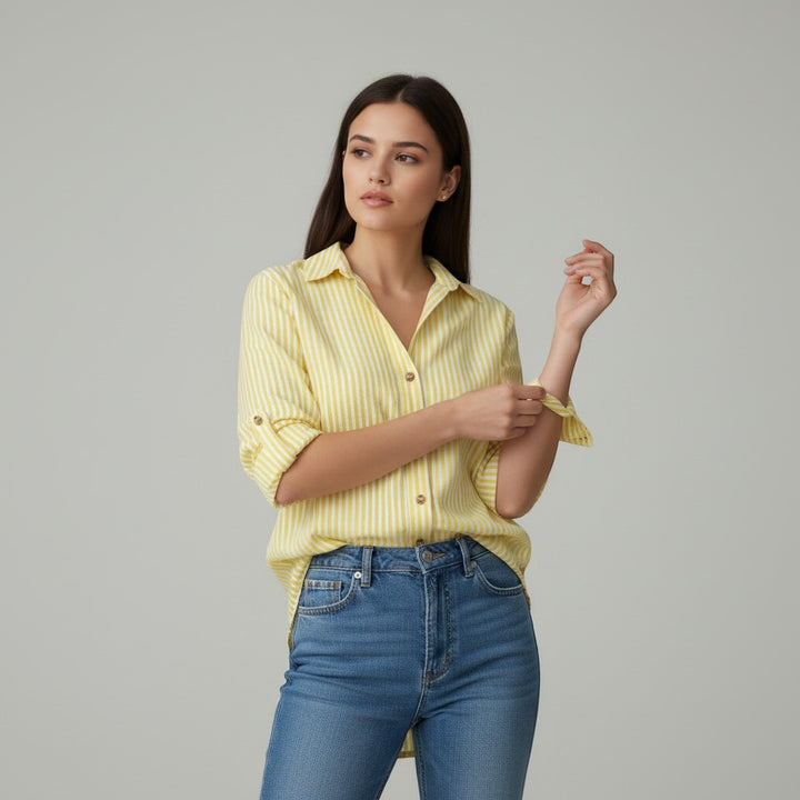 Women's Striped Button-Up Loose Shirt-Vyana Collective