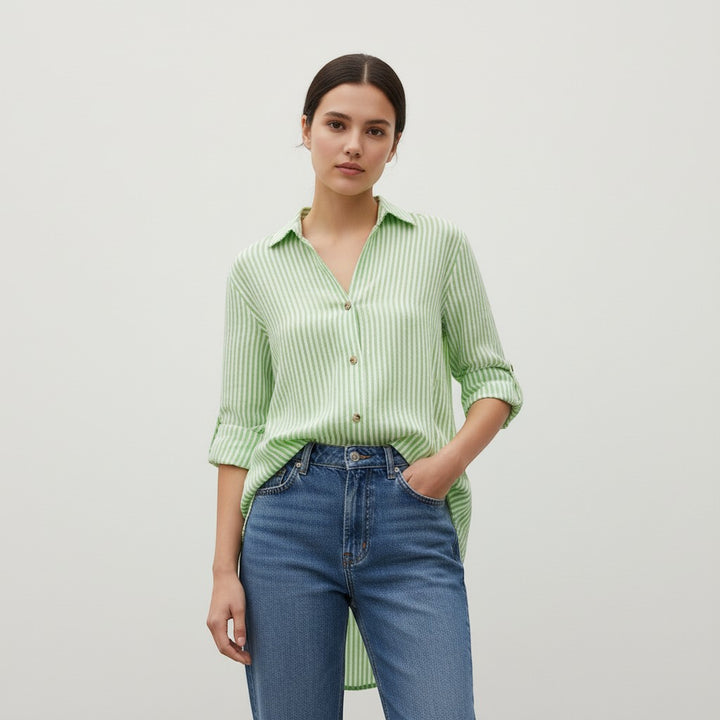 Women's Striped Button-Up Loose Shirt-Vyana Collective