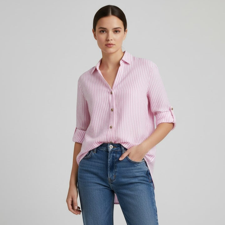 Women's Striped Button-Up Loose Shirt-Vyana Collective