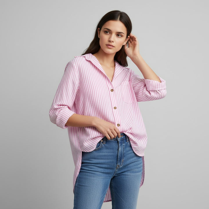 Women's Striped Button-Up Loose Shirt-Vyana Collective