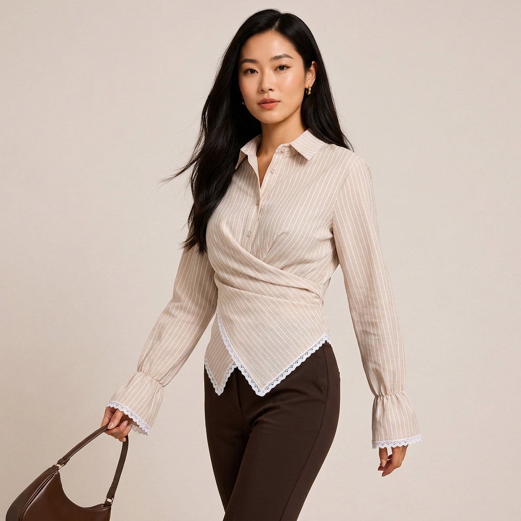 Women’s Striped Wrap Waist Lace Trim Long Sleeve Shirt-Vyana Collective