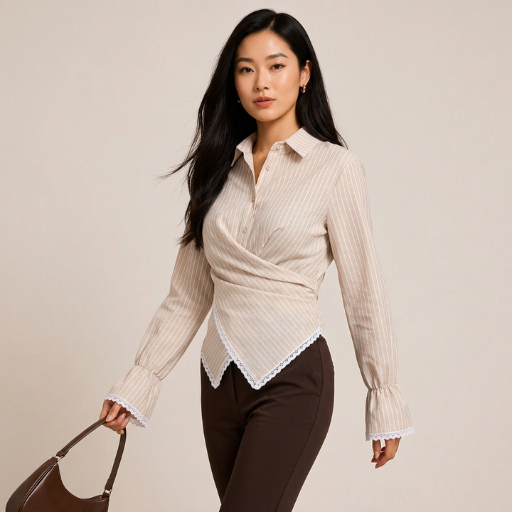 Women’s Striped Wrap Waist Lace Trim Long Sleeve Shirt-Vyana Collective