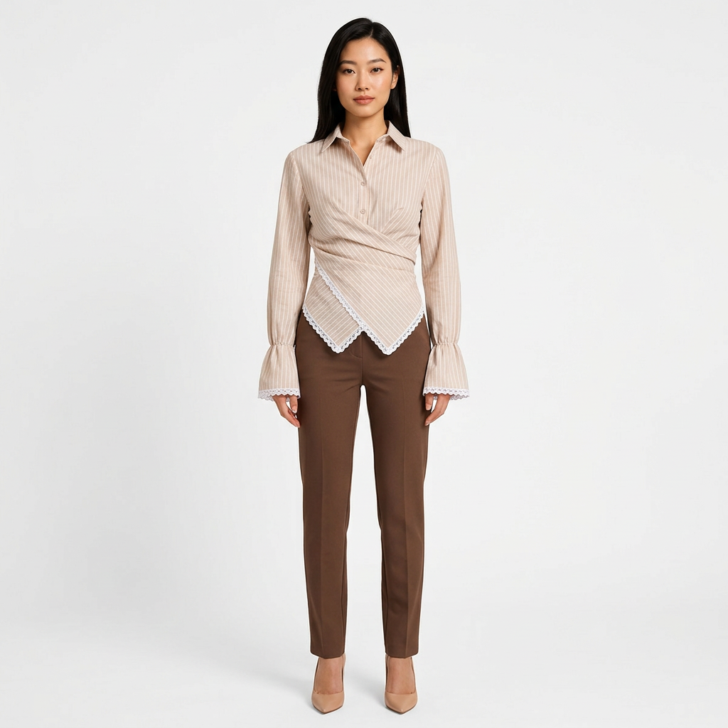 Women’s Striped Wrap Waist Lace Trim Long Sleeve Shirt-Vyana Collective