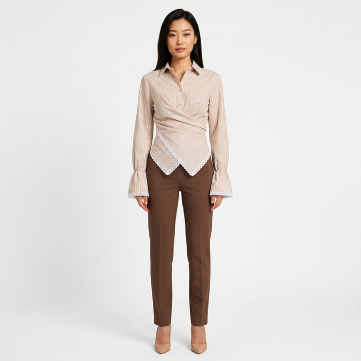 Women’s Striped Wrap Waist Lace Trim Long Sleeve Shirt-Vyana Collective