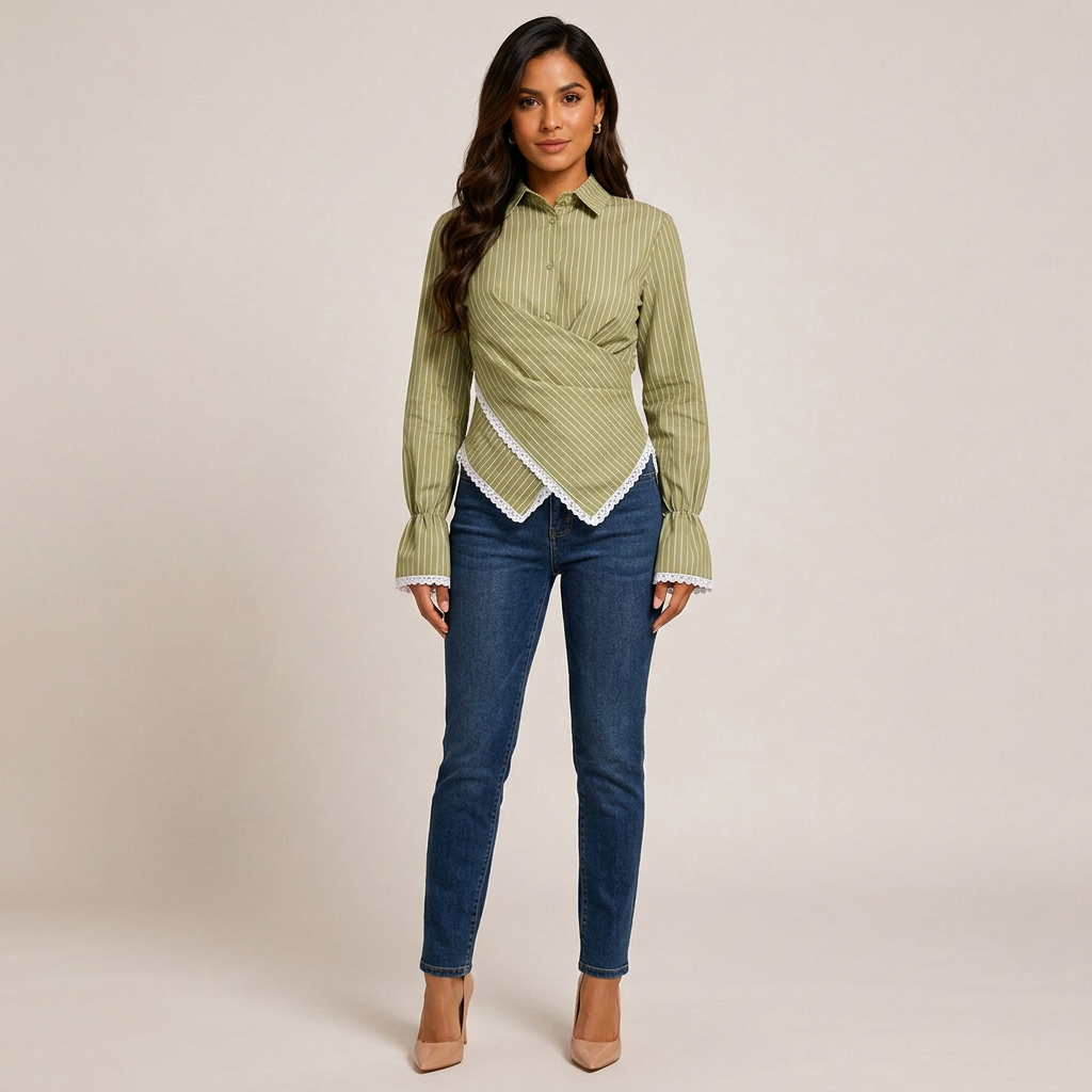 Women’s Striped Wrap Waist Lace Trim Long Sleeve Shirt-Vyana Collective