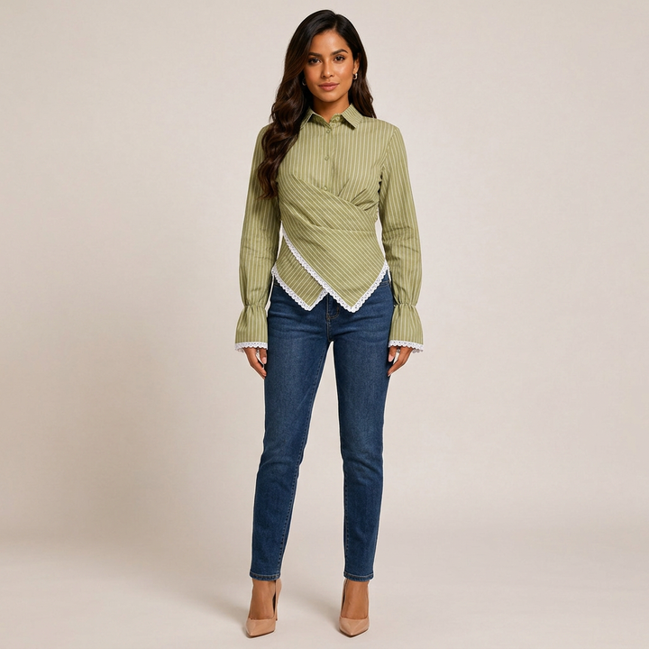 Women’s Striped Wrap Waist Lace Trim Long Sleeve Shirt-Vyana Collective
