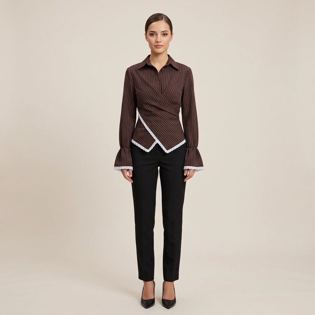 Women’s Striped Wrap Waist Lace Trim Long Sleeve Shirt-Vyana Collective