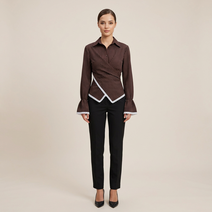 Women’s Striped Wrap Waist Lace Trim Long Sleeve Shirt-Vyana Collective