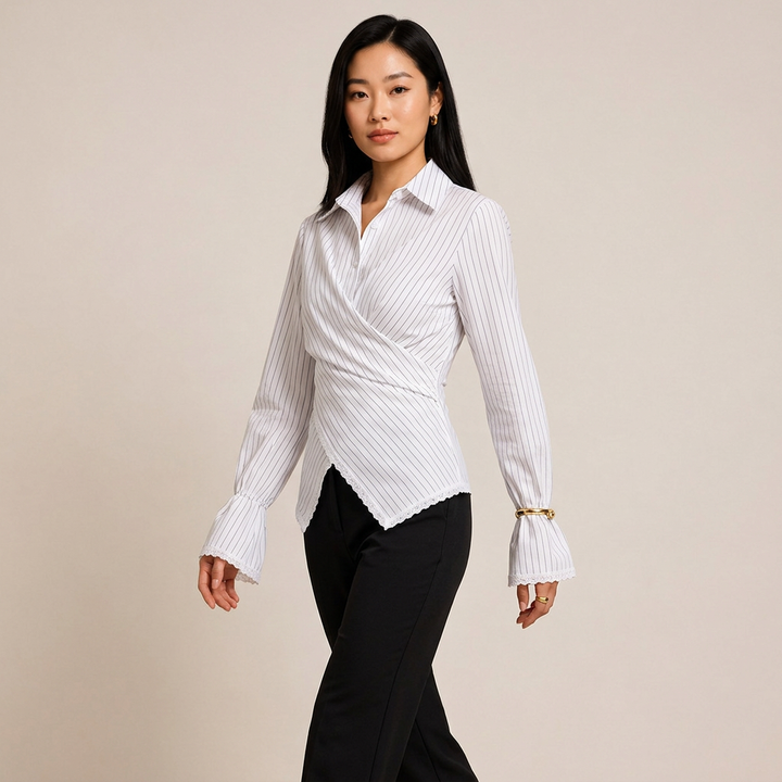 Women’s Striped Wrap Waist Lace Trim Long Sleeve Shirt-Vyana Collective