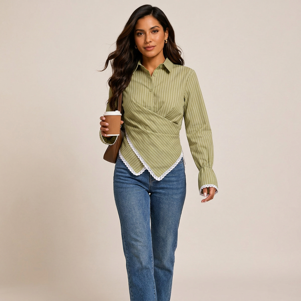 Women’s Striped Wrap Waist Lace Trim Long Sleeve Shirt-Vyana Collective