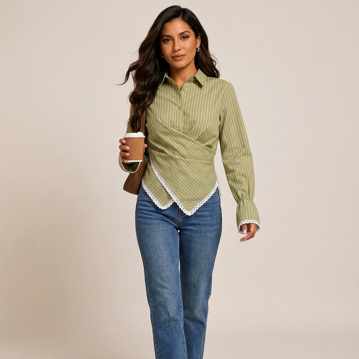 Women’s Striped Wrap Waist Lace Trim Long Sleeve Shirt-Vyana Collective