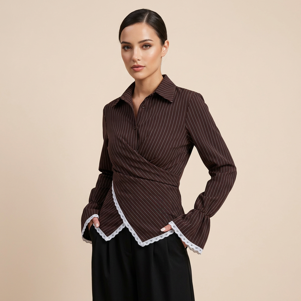 Women’s Striped Wrap Waist Lace Trim Long Sleeve Shirt-Vyana Collective