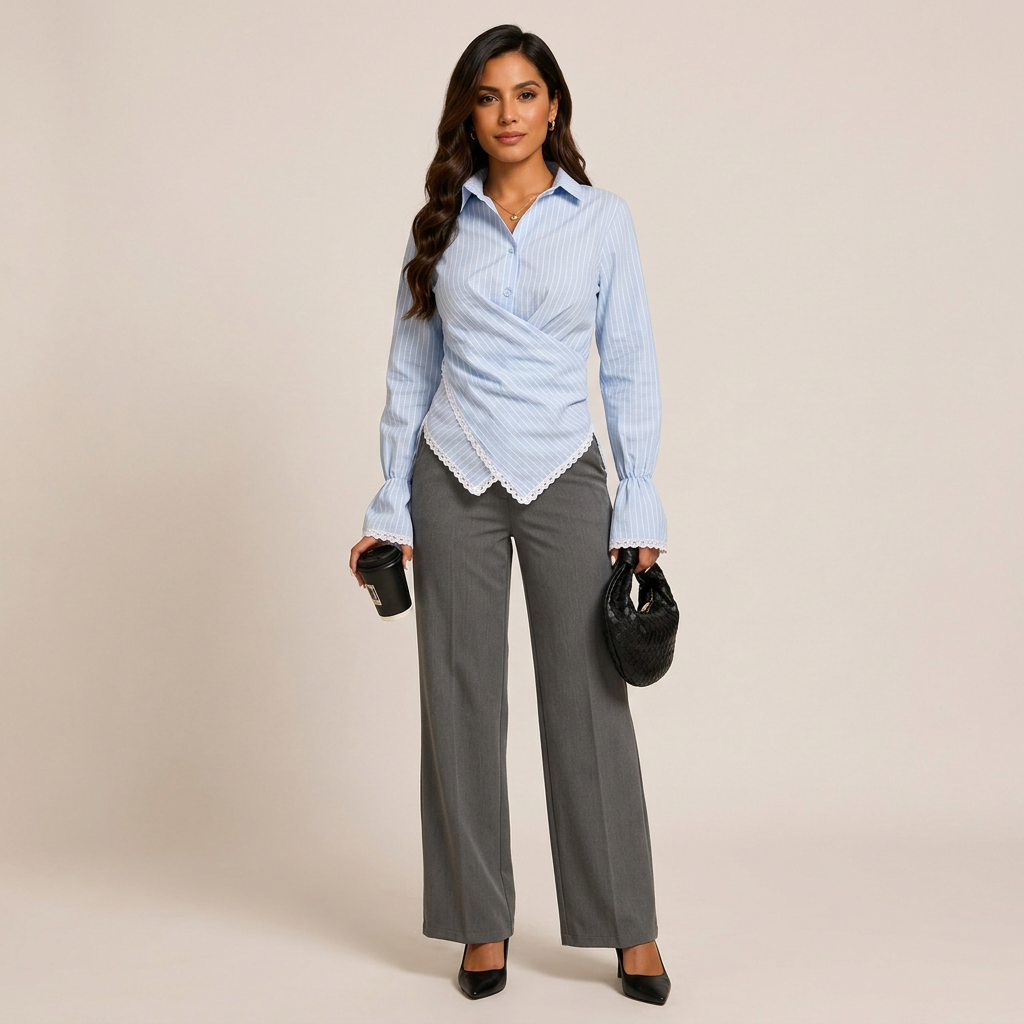 Women’s Striped Wrap Waist Lace Trim Long Sleeve Shirt-Vyana Collective