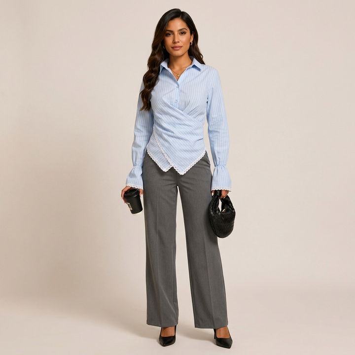 Women’s Striped Wrap Waist Lace Trim Long Sleeve Shirt-Vyana Collective