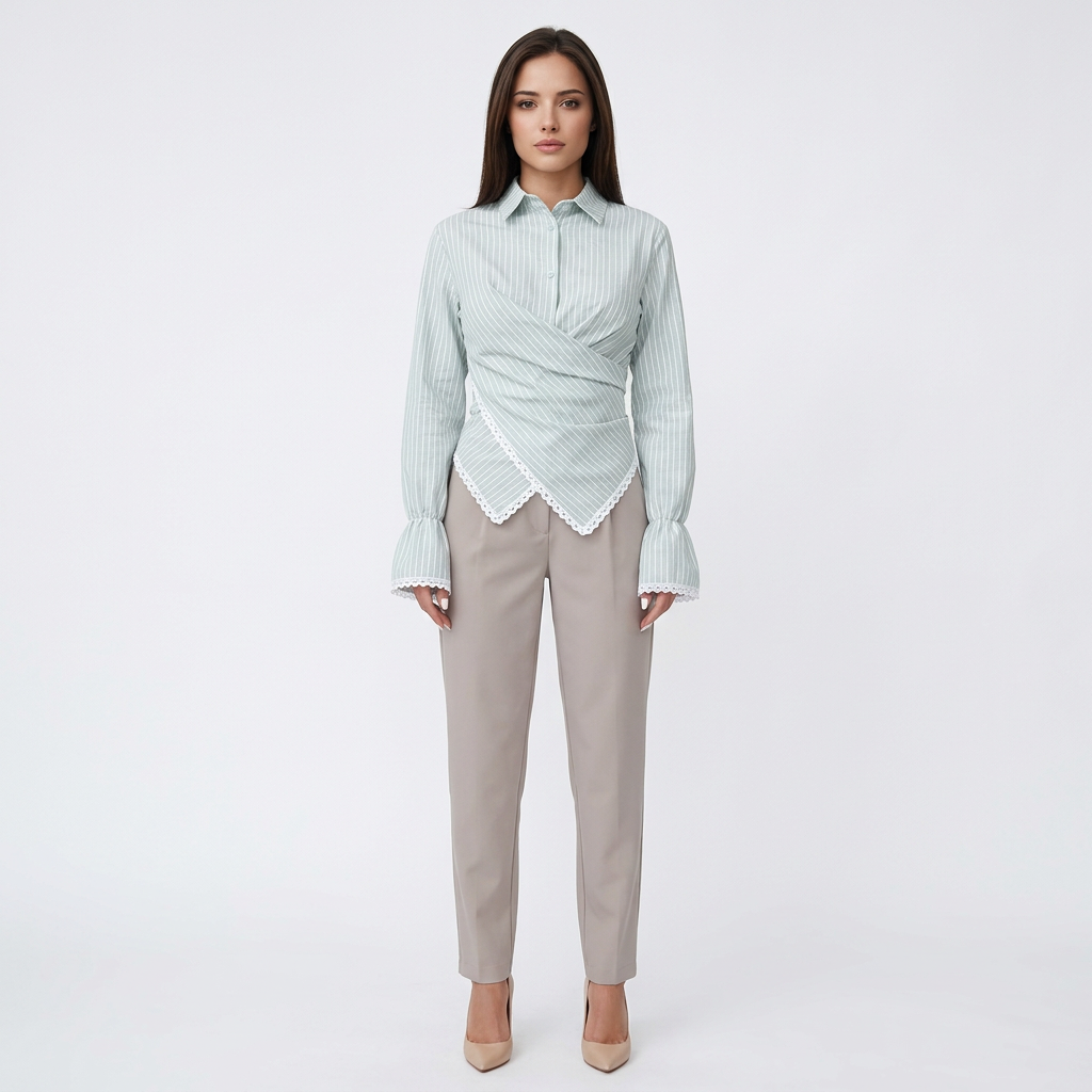 Women’s Striped Wrap Waist Lace Trim Long Sleeve Shirt-Vyana Collective
