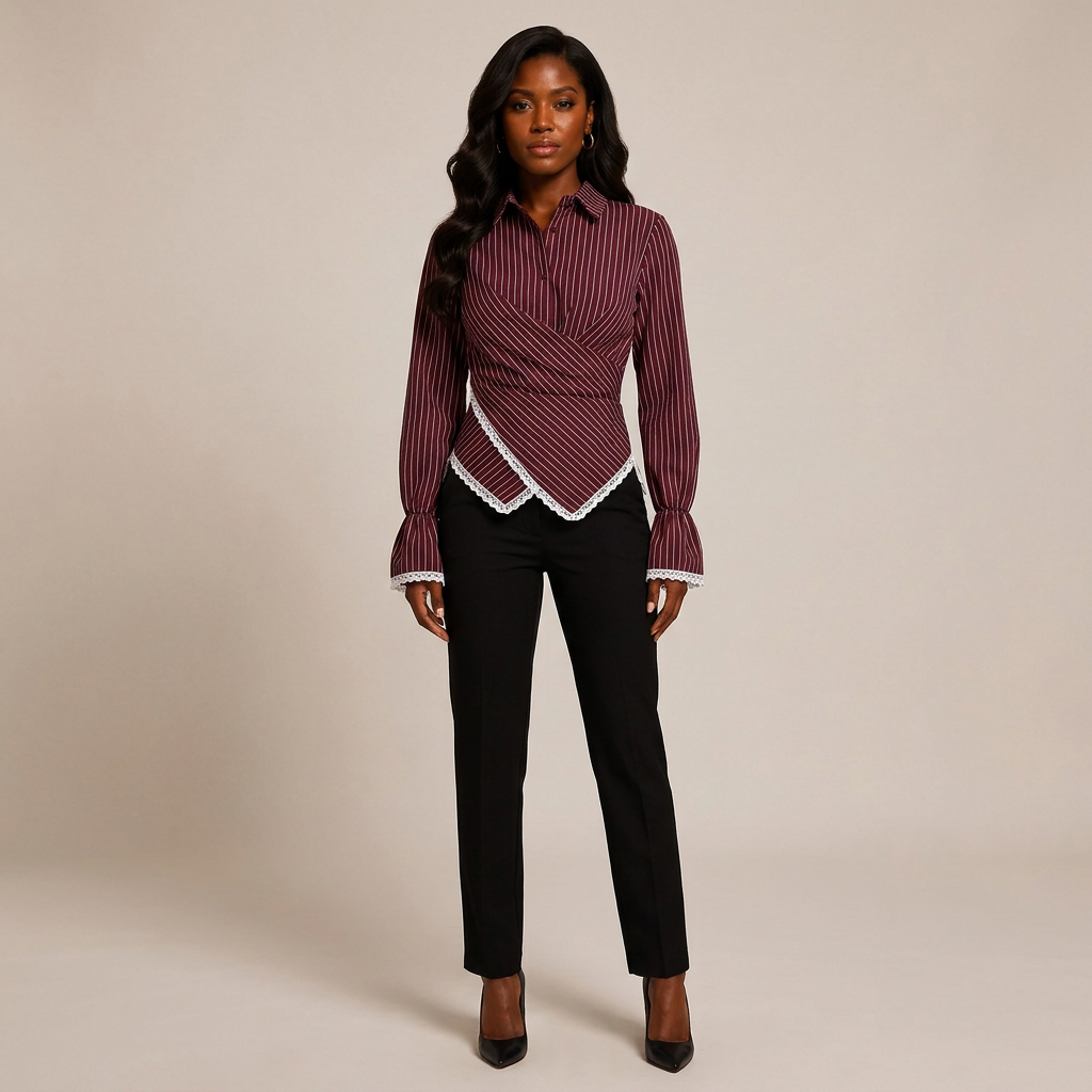 Women’s Striped Wrap Waist Lace Trim Long Sleeve Shirt-Vyana Collective