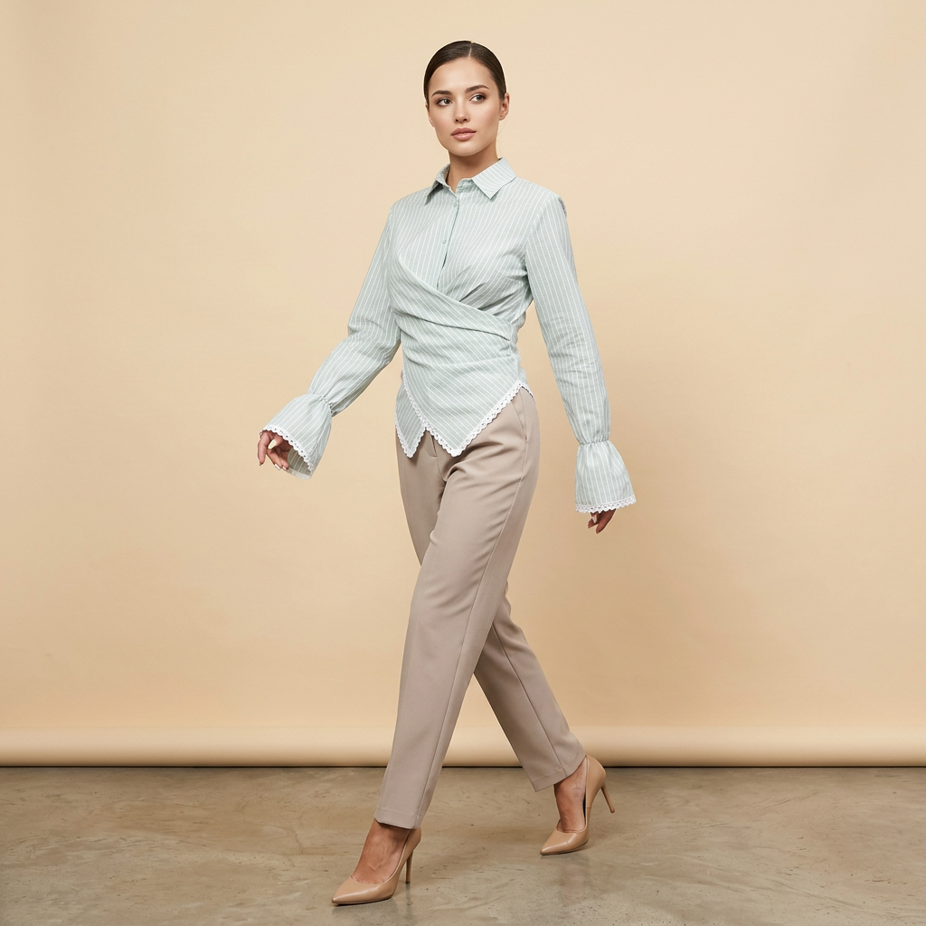 Women’s Striped Wrap Waist Lace Trim Long Sleeve Shirt-Vyana Collective