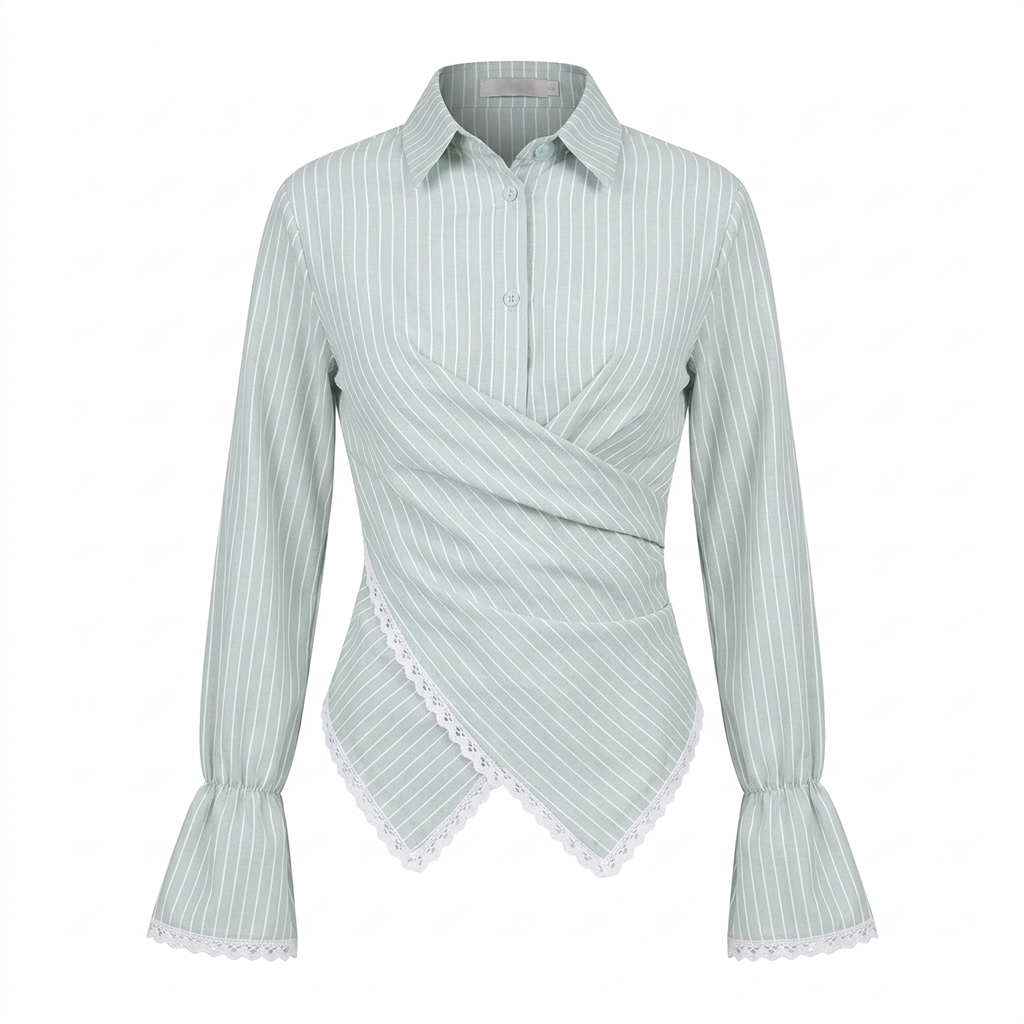 Women’s Striped Wrap Waist Lace Trim Long Sleeve Shirt-Vyana Collective