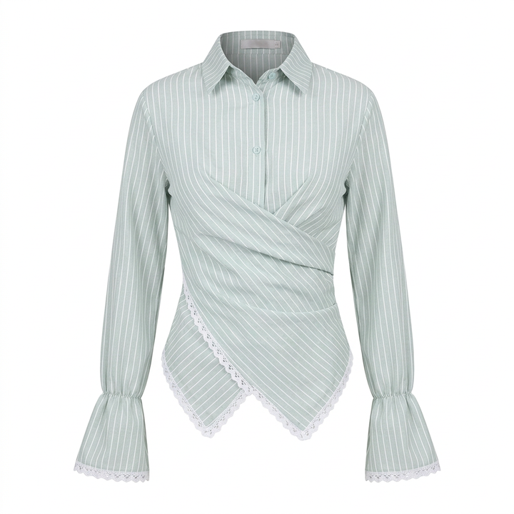 Women’s Striped Wrap Waist Lace Trim Long Sleeve Shirt-Vyana Collective