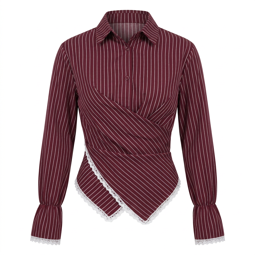 Women’s Striped Wrap Waist Lace Trim Long Sleeve Shirt-Vyana Collective