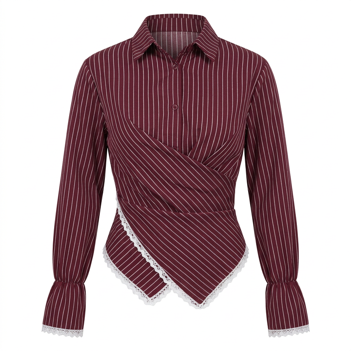 Women’s Striped Wrap Waist Lace Trim Long Sleeve Shirt-Vyana Collective