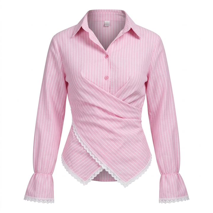 Women’s Striped Wrap Waist Lace Trim Long Sleeve Shirt-Vyana Collective