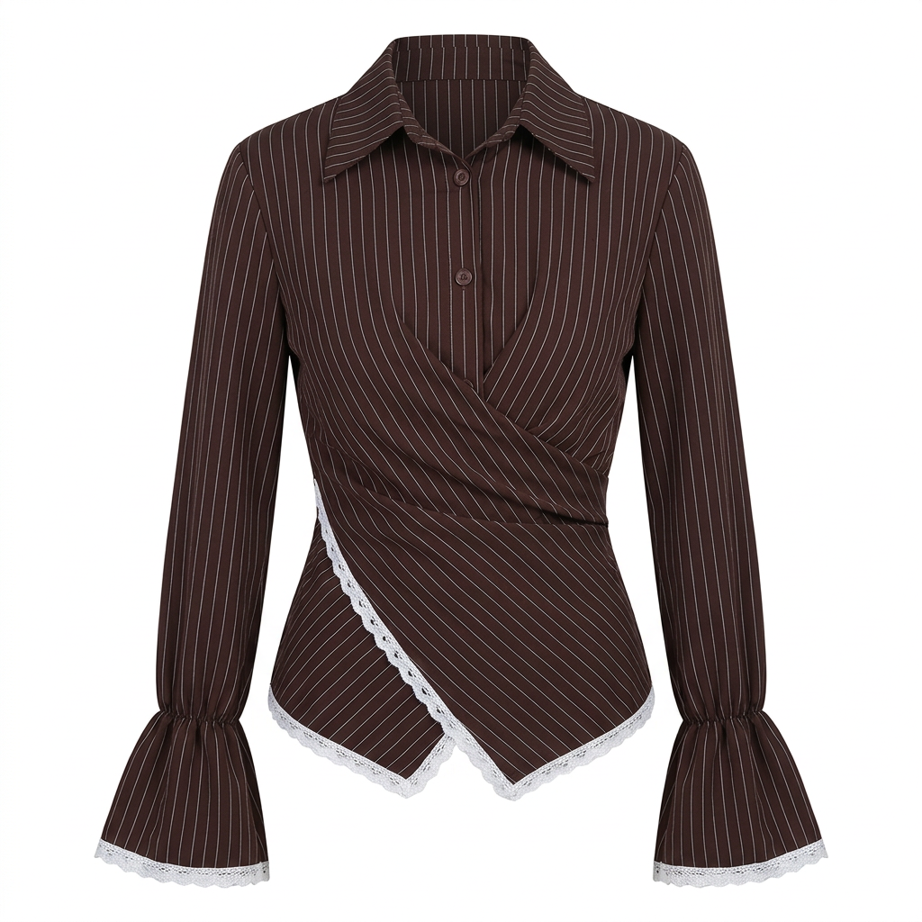 Women’s Striped Wrap Waist Lace Trim Long Sleeve Shirt-Vyana Collective